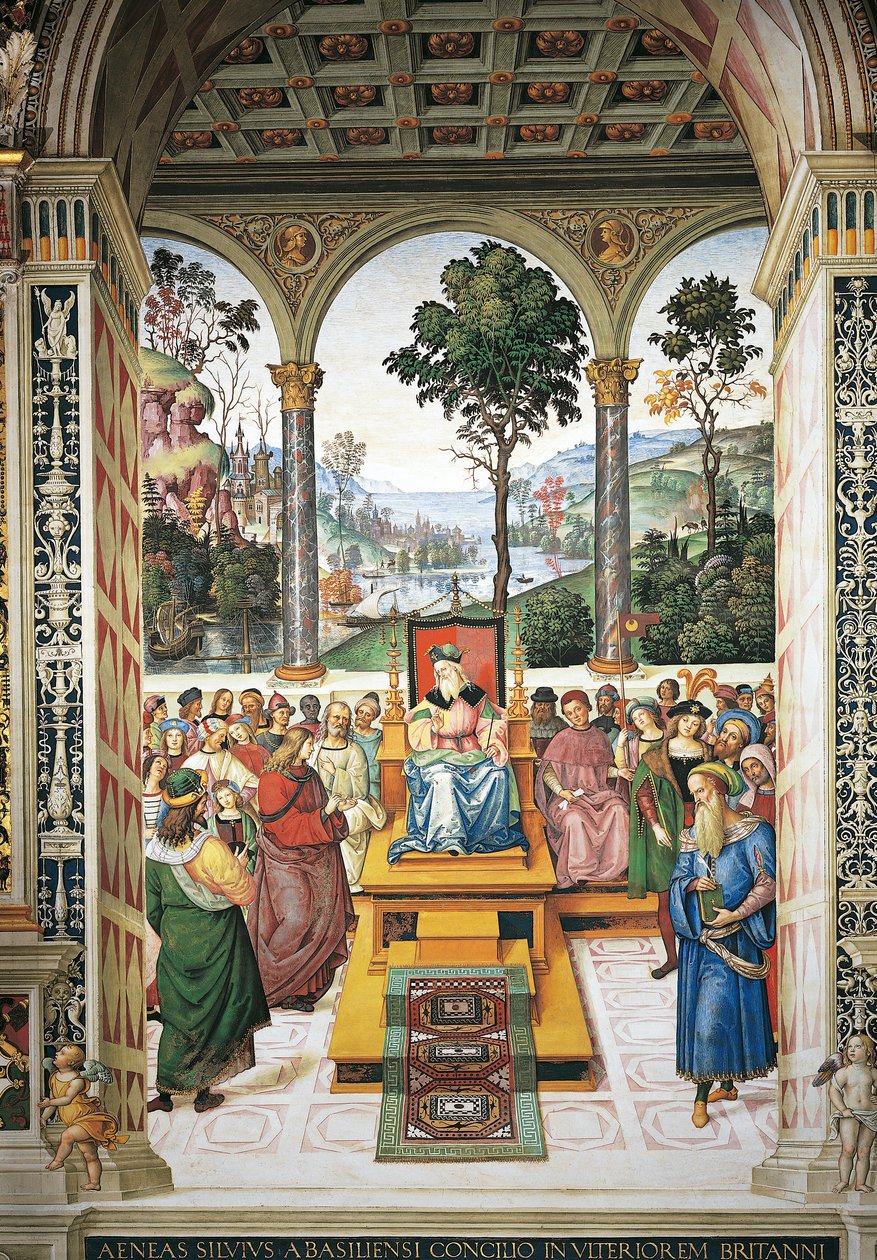 Italien, Siena, katedral, Piccolomini bibliotek, Enea Silvio Piccolomini holder tale for kong James I af Skotland, detaljer fra Historier om Pius II af Bernardino di Betto Pinturicchio