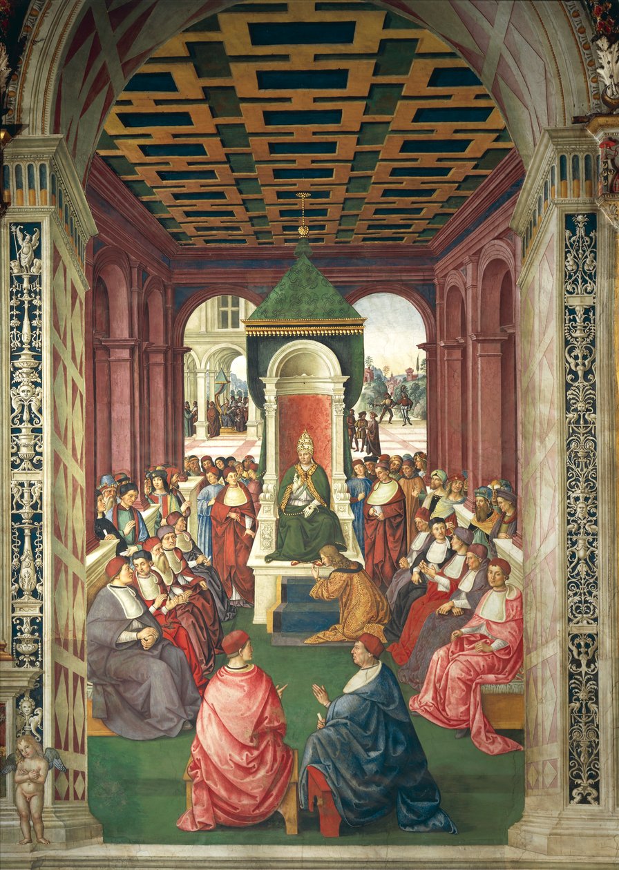 Italien, Siena, Katedralen, Piccolomini Bibliotek, Enea Silvio Piccolomini i handling af underkastelse til pave Eugenius IV, detaljer fra Historier om Pius II af Bernardino di Betto Pinturicchio