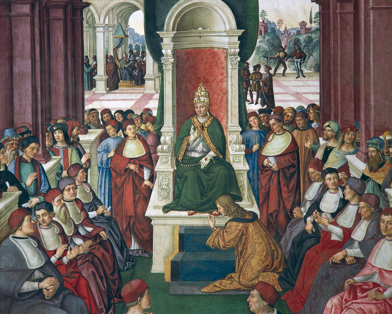 Italien, Siena, Katedralen, Piccolomini Bibliotek, Enea Silvio Piccolomini i handling af underkastelse til pave Eugenius IV, detaljer fra Historier om Pius II af Bernardino di Betto Pinturicchio