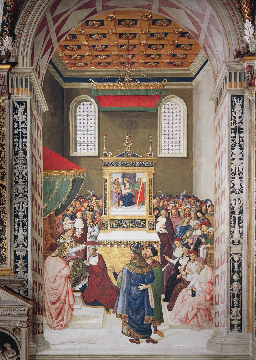 Italien, Siena, Katedral, Piccolomini Bibliotek, Enea Silvio Piccolomini modtager kardinalhat fra Calixtus III, detaljer fra Historier om Pius II af Bernardino di Betto Pinturicchio