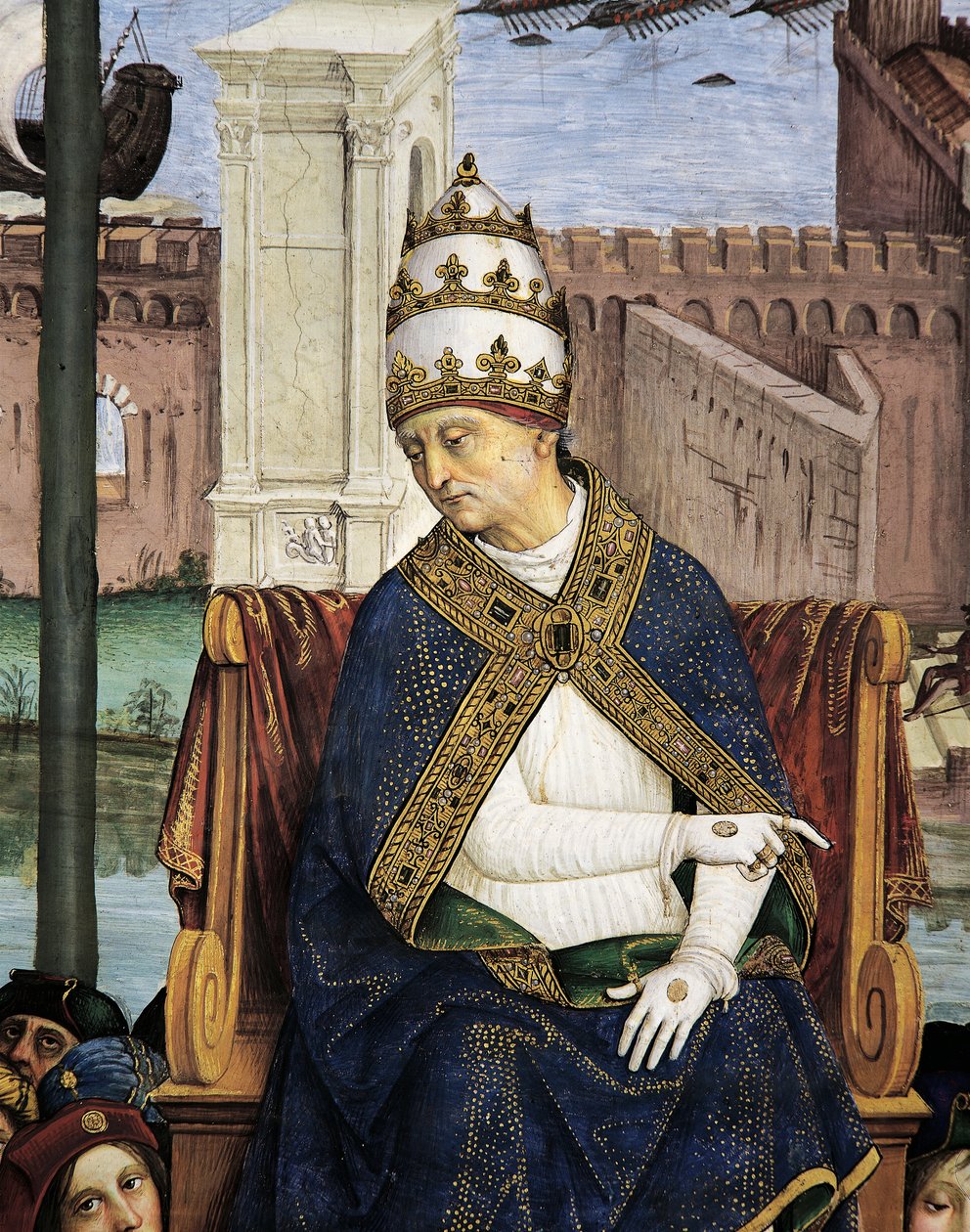 Italien, Siena, katedralen, Piccolomini-biblioteket, Pius II ankommer til Ancona for at fremskynde korstog, detaljer fra Historier om Pius II af Bernardino di Betto Pinturicchio