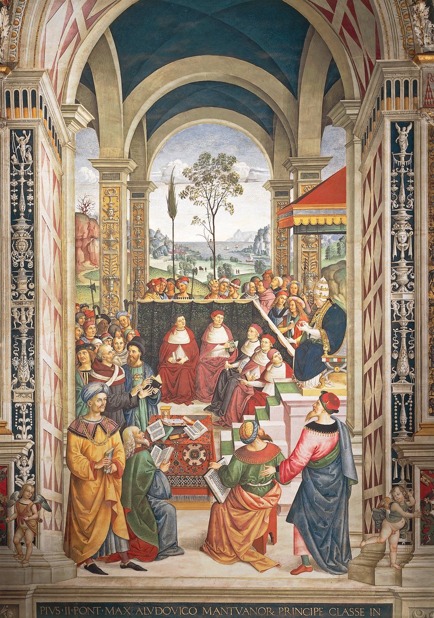 Italien, Siena, katedralen, Piccolomini-biblioteket, Pius II indkaldt i Mantova til diæt organiseret for at planlægge korstog mod tyrkere, detalje i Historier om Pius II af Bernardino di Betto Pinturicchio