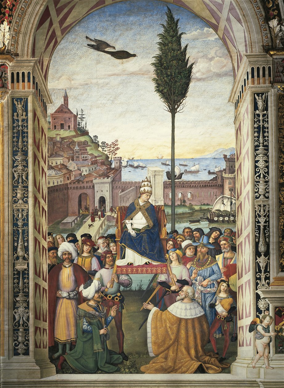 Italien, Siena, Katedralen, Piccolomini-biblioteket, Historier om Pius II: Pius II ankommer til Ancona for at fremskynde korstog af Bernardino di Betto Pinturicchio