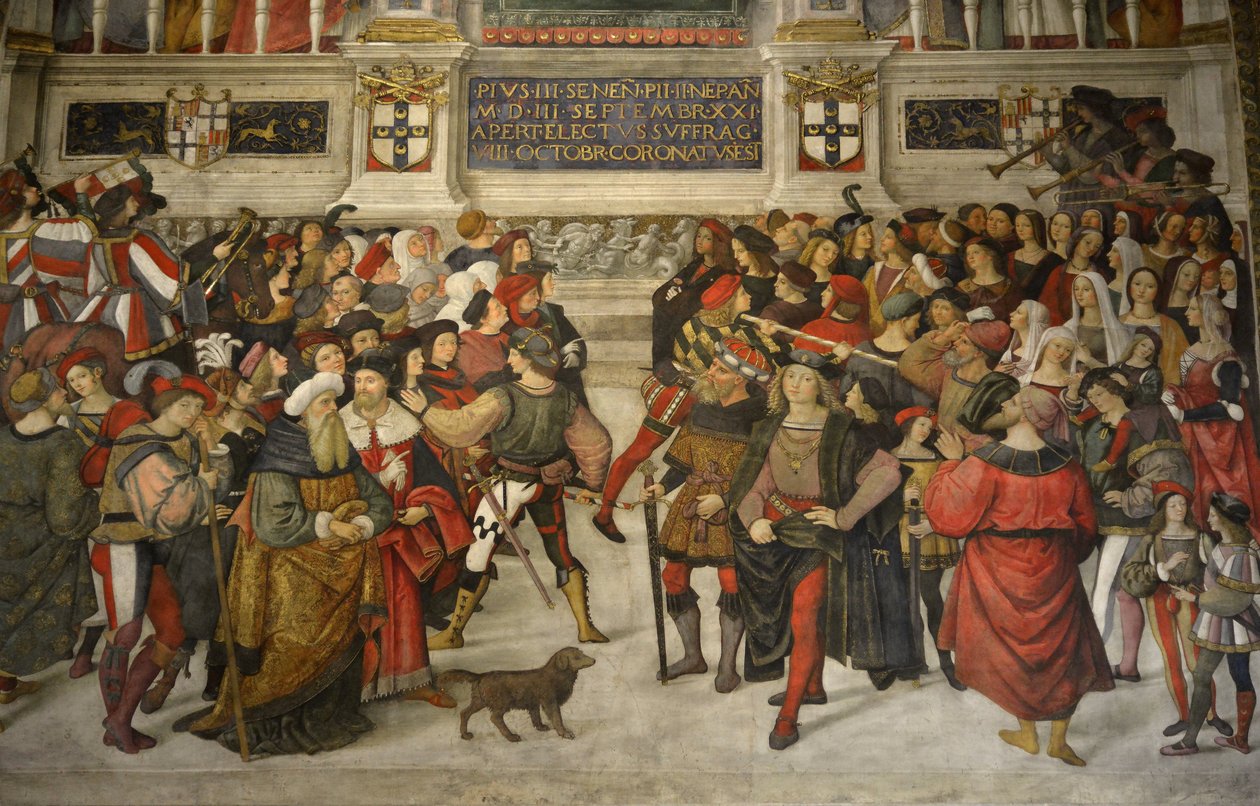 Italien Toscana Siena, Katedralen Duomo: Kroningen af Pius II (1405-1464) af Bernardino di Betto Pinturicchio