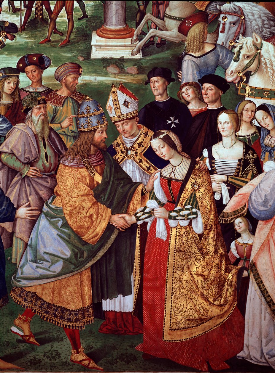 Poeten Enee Silvio Piccolomini præsenterer Eleonore af Portugal til kejser Frederik III af Det Hellige Rige ved Camollia-porten. Detalje af Pave Pius II