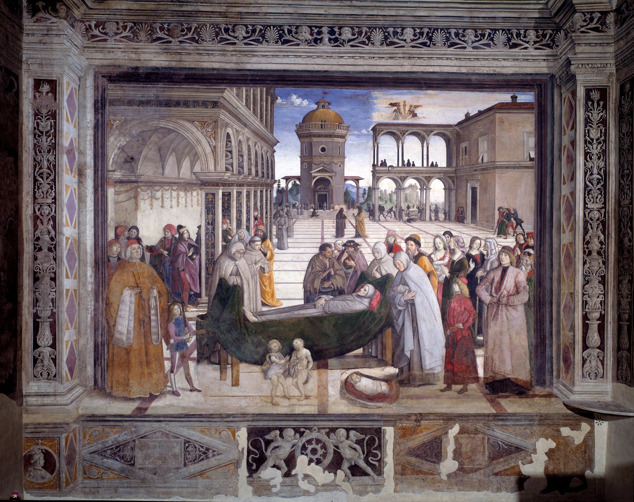 Historien om St. Bernardin, helgenens død (Fresco, ca. 1486) af Bernardino di Betto Pinturicchio