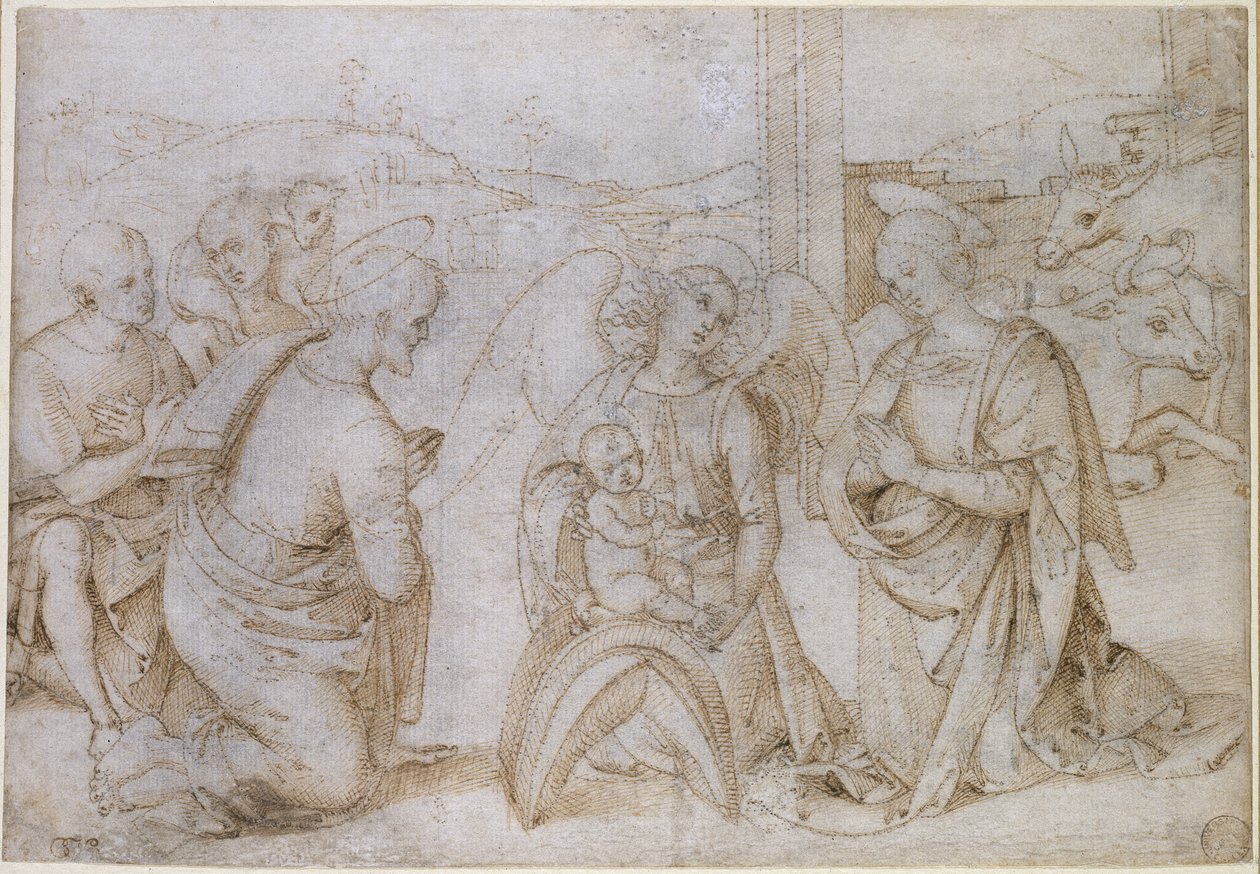 The Adoration of the Shepherds, WA1855.90 (pen & brunt blæk på råhvidt papir, prikket til overførsel) af Bernardino di Betto Pinturicchio