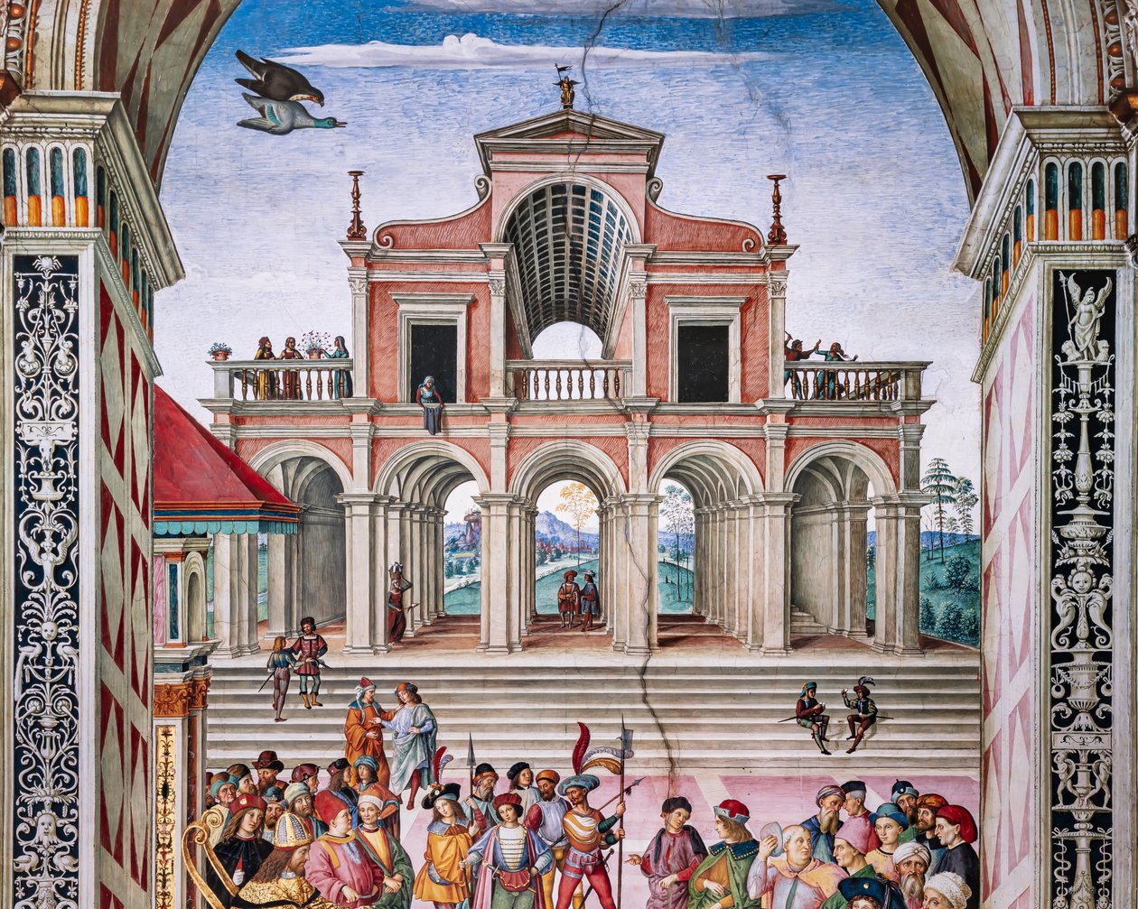 Piccolomini-biblioteket, den nordøstlige væg: "Aeneas Sylvius bliver kronet til digterpristager af kejser Frrederick III, 27. juli af Bernardino di Betto Pinturicchio