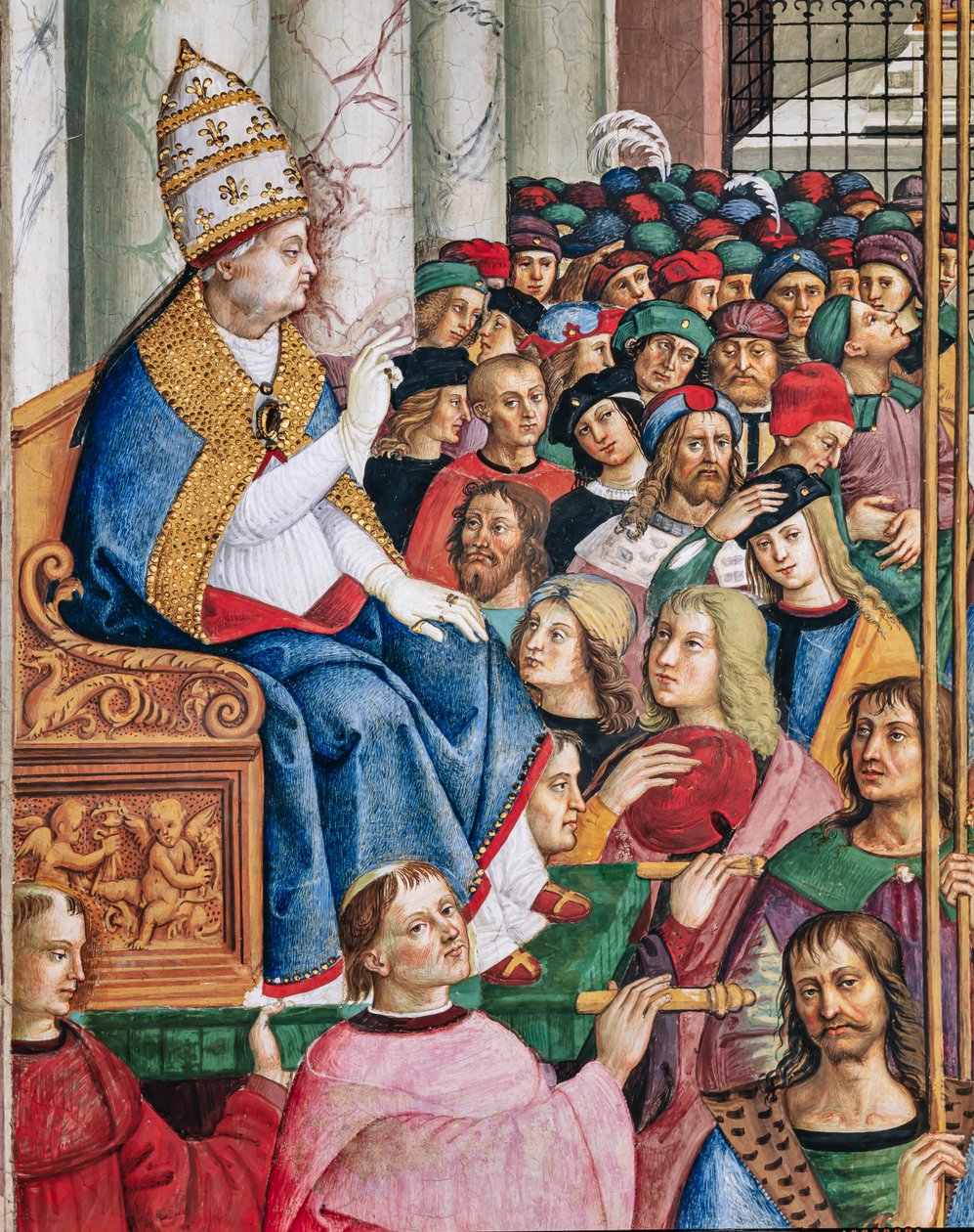 Piccolomini-biblioteket, sydvestvæggen: "Aeneas Sylvius, valgt til pave med navnet Pius II, træder ind i St. Peters den 3. september af Bernardino di Betto Pinturicchio