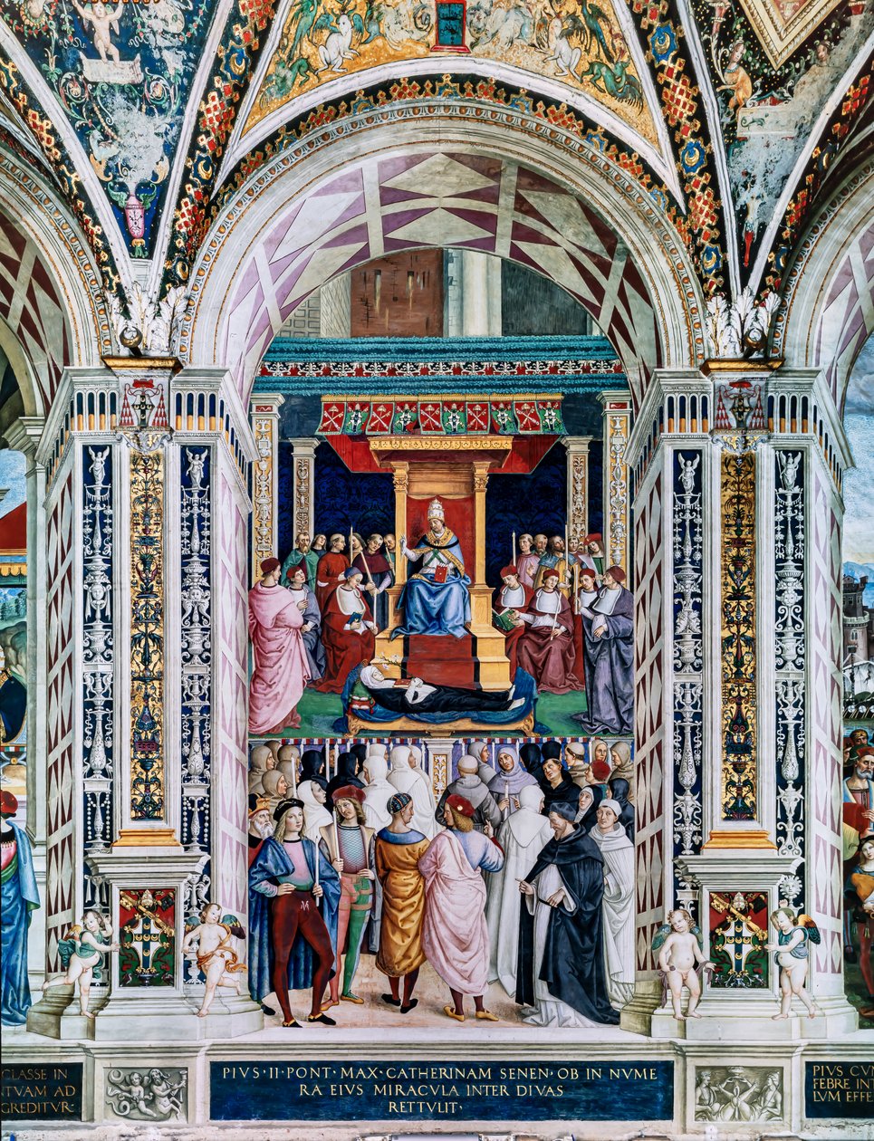 Piccolomini-biblioteket, sydvestvæggen: “ Pius II kanoniserer St. Catherine of Siena, 29. juni af Bernardino di Betto Pinturicchio