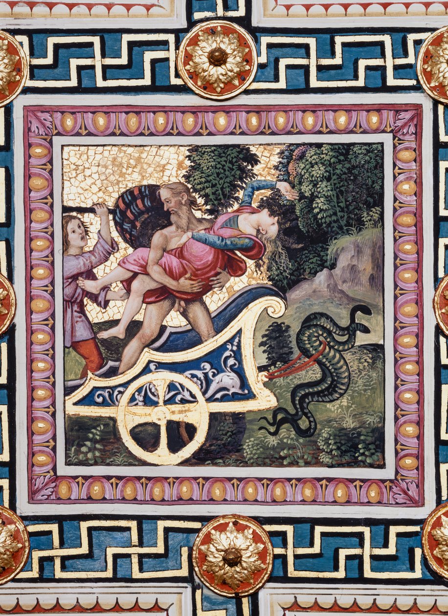 Piccolomini-biblioteket, loftet: "The Rape of Proserpina", fresko af Bernardino di Betto, kendt som Pinturicchio. I panelet skynder Pluto væk i sin vogn, Proserpine tæsker rundt i hans arme og en af gudindens ledsagere truer Pluto w af Bernardino di Betto Pinturicchio