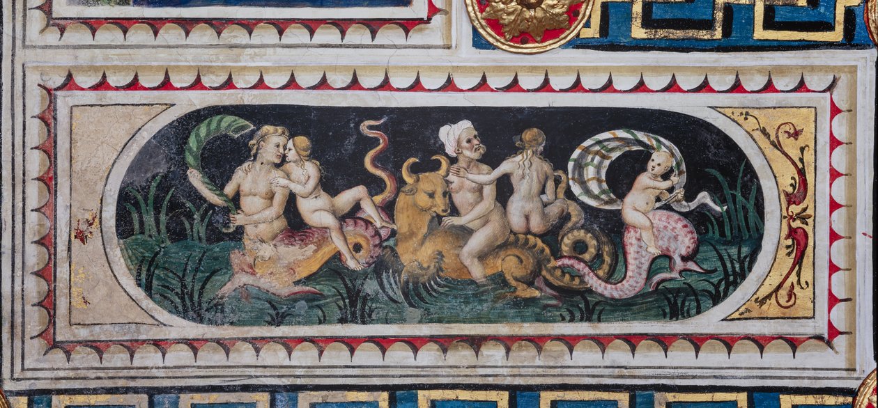 Piccolomini-biblioteket, loftet: mindre panel med scene af maritim thiasus (tritoner, putto og en nereid), fresko af Bernardino di Betto, kendt som Pinturicchio. af Bernardino di Betto Pinturicchio
