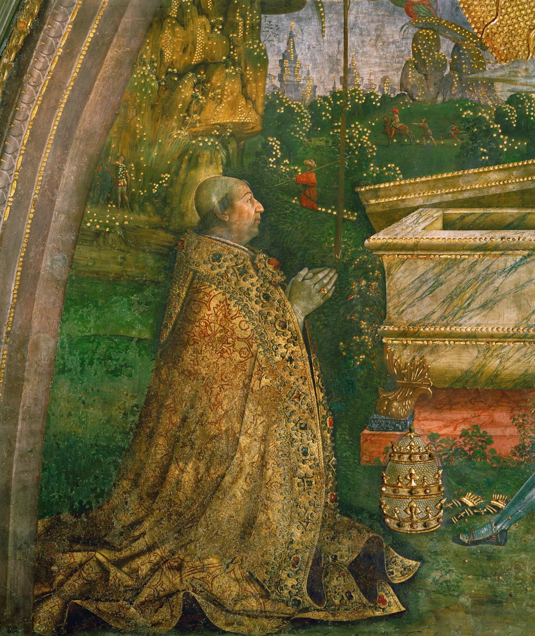 Opstandelsen. Pave Alexander VI Borgia knæler foran en tom sarkofag (murmaleri) af Bernardino di Betto Pinturicchio