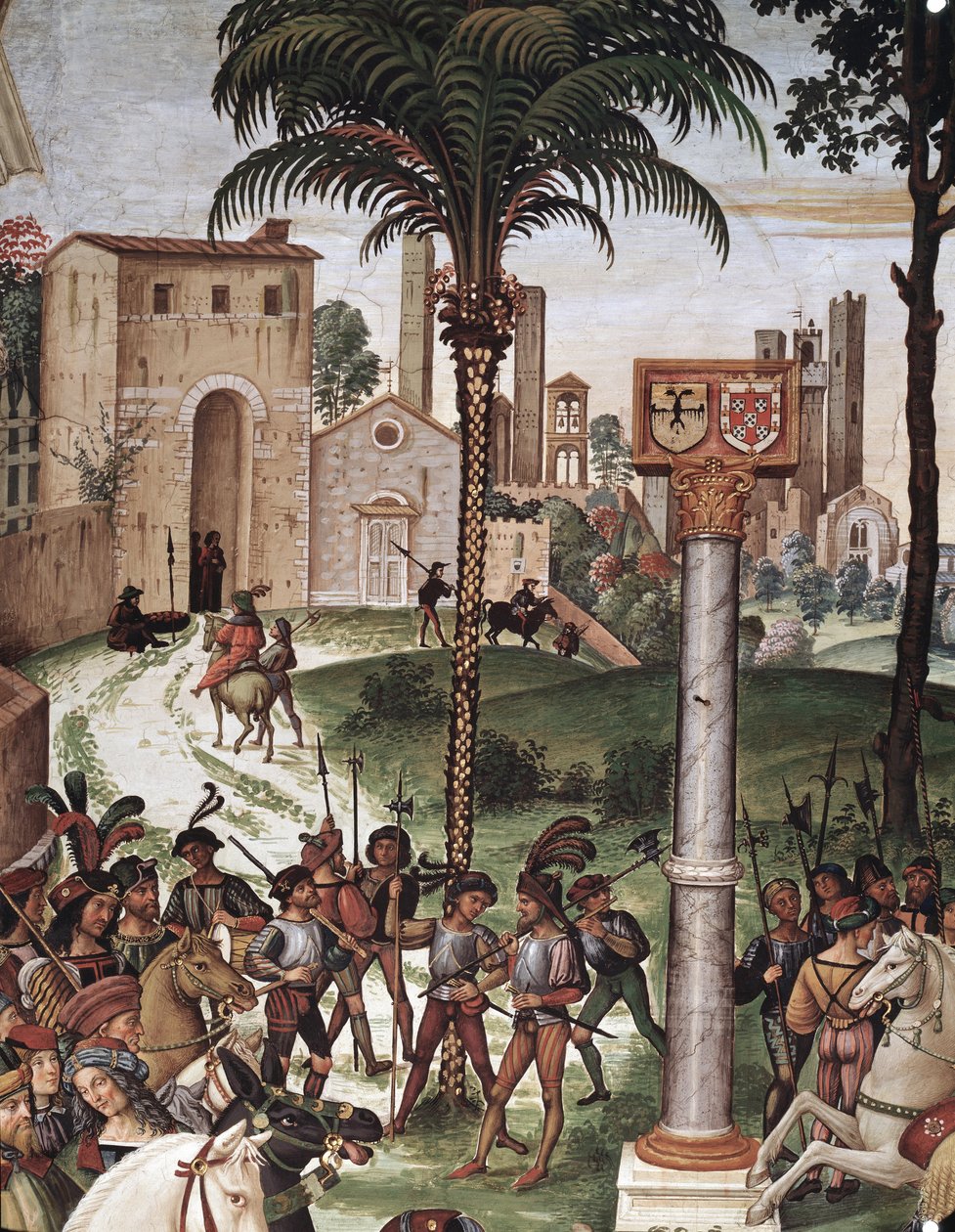 Biskop Enee Silvio Piccolomini (Pius II)) præsenterer Eleonora af Aragon til kejser Frederik III af Det Hellige Rige. Detalje - Frisk af Bernardino di Betto Pinturicchio