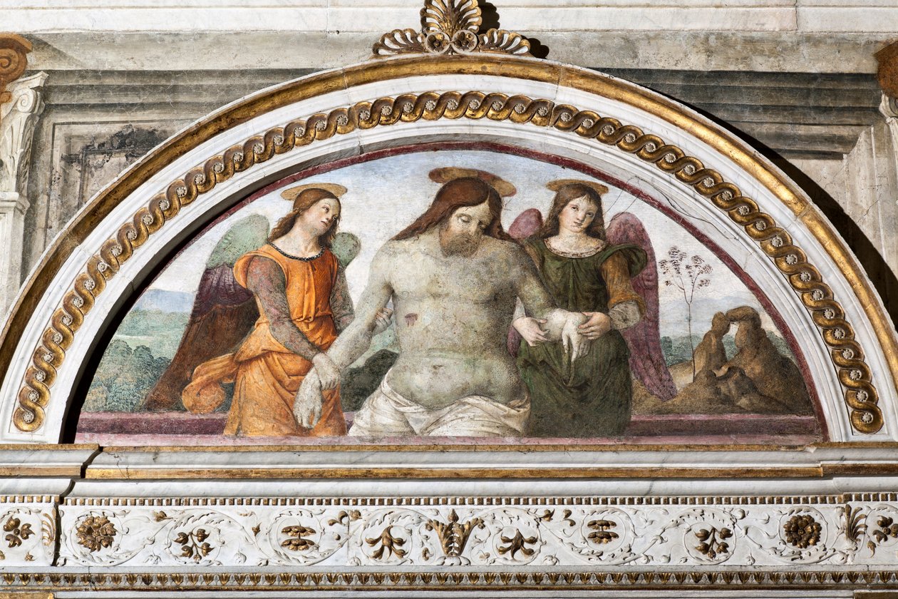 Den døde Kristus støttet af to engle - Fresco af Pinturicchio (Bernardino di Betto) (1454-1513) 1484-1492 Rom, Basilica di Santa Maria del Popolo (Kirken Santa Maria del Popolo), Kapel Basso della Rovere Italien af Bernardino di Betto Pinturicchio