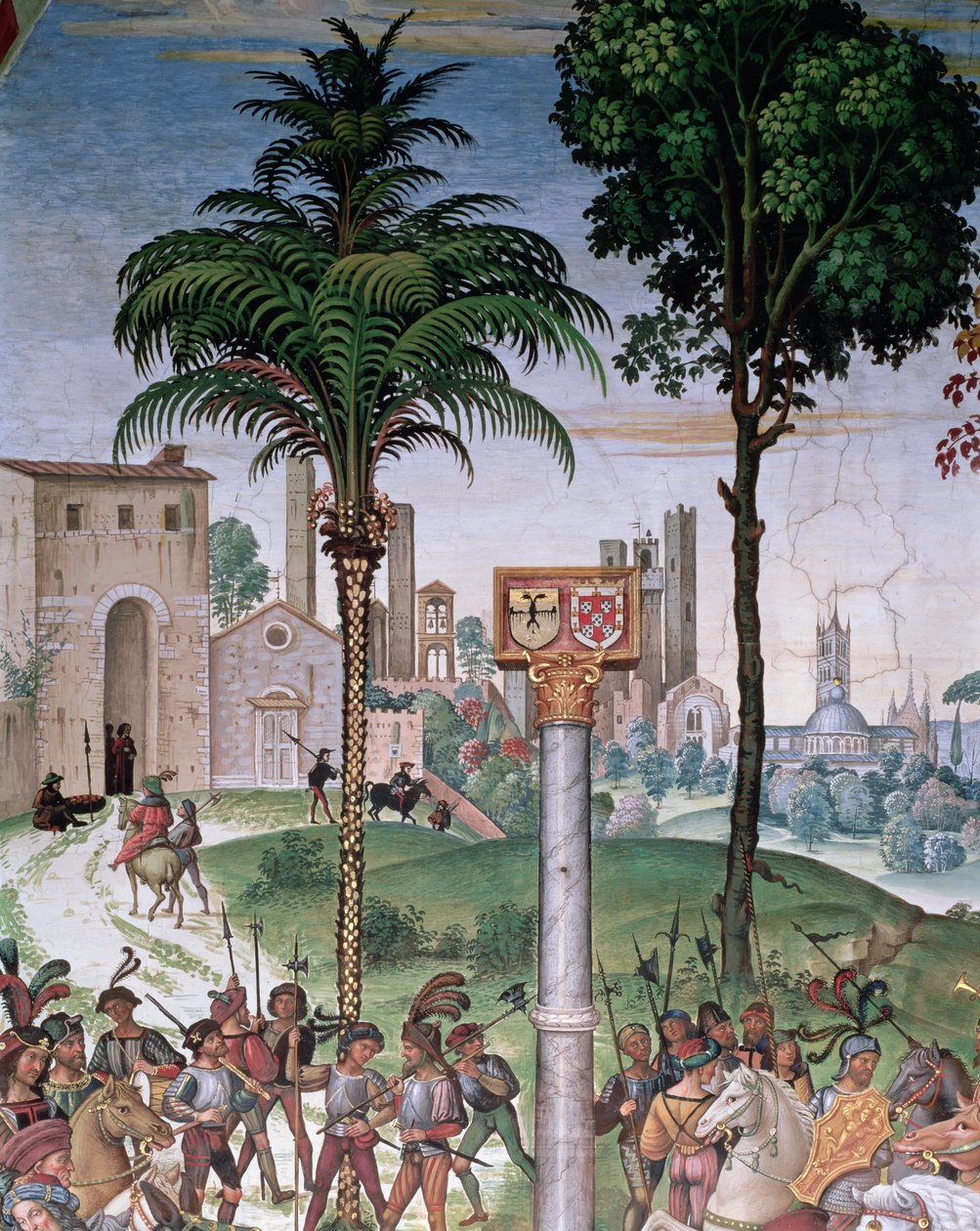 Udsigt over Siena med katedralen og Porta Camollia, detaljer fra 