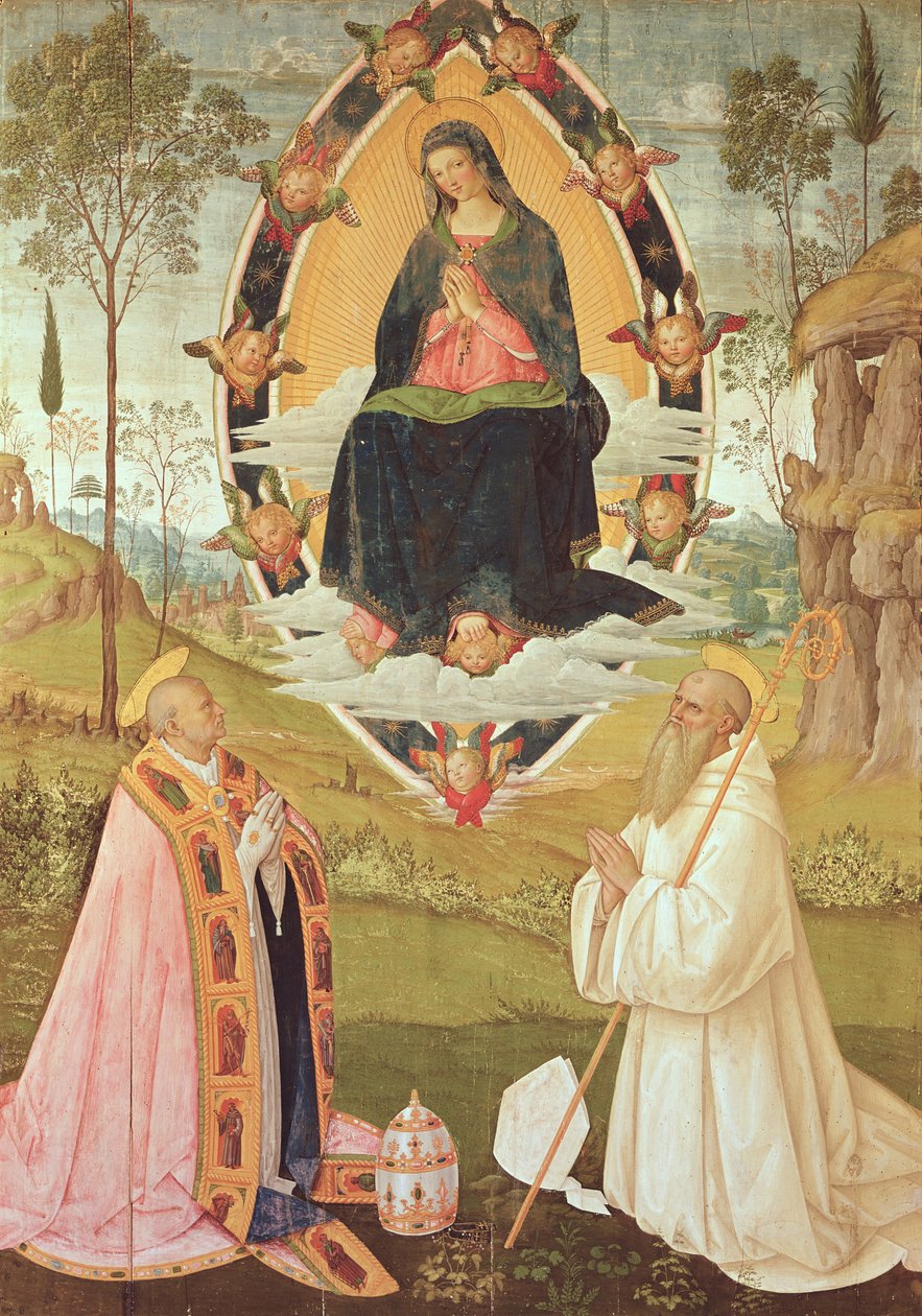 Virgin in Glory med St. Gregory og St. Benedikt (tempera på panel) af Bernardino di Betto Pinturicchio