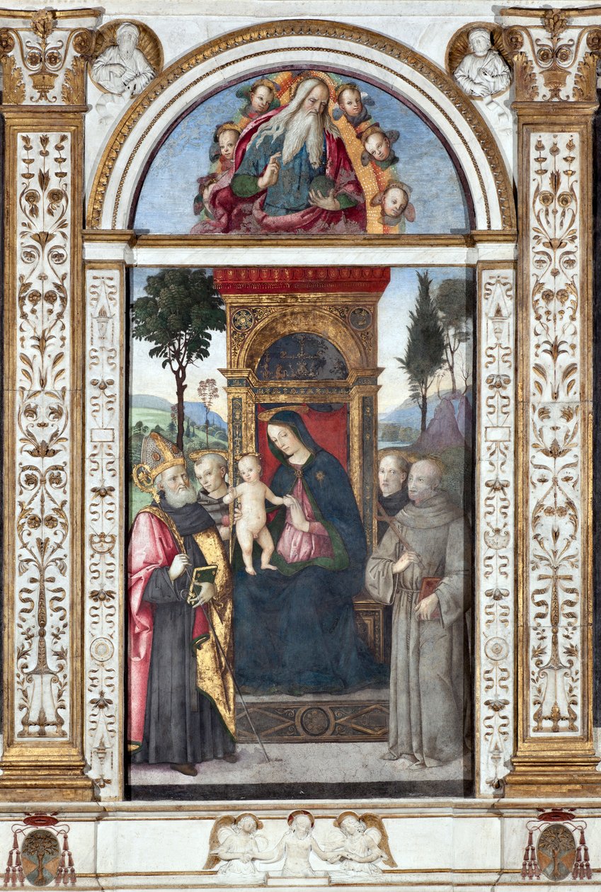 Jomfru med barn og den hellige Augustin, den hellige Frans og den hellige Antonius af Padua - Fresco af Pinturicchio (Bernardino di Betto) (1454-1513) 1484-1492 Rom, Basilica di Santa Maria del Popolo (Kirken Santa Maria del Popolo), Kapel Basso della Rove af Bernardino di Betto Pinturicchio