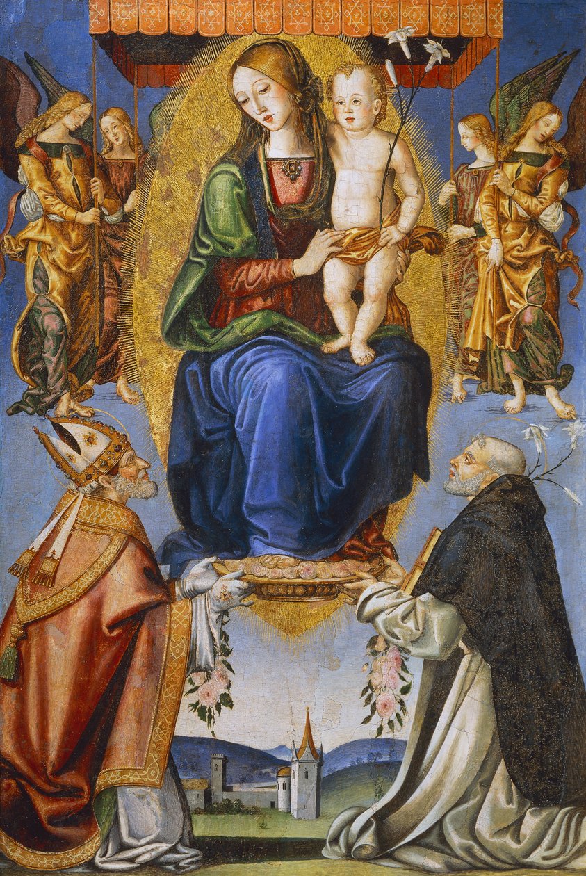 Madonna og barn med St. Severino og Dominic (tempera på lærred) af Bernardino di Mariotto