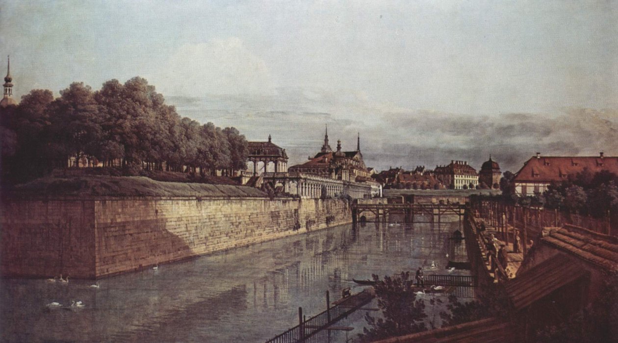 Udsigt over Dresden, Zwingers gamle voldgrav, set fra orangeriet mod byen af Bernardo Bellotto