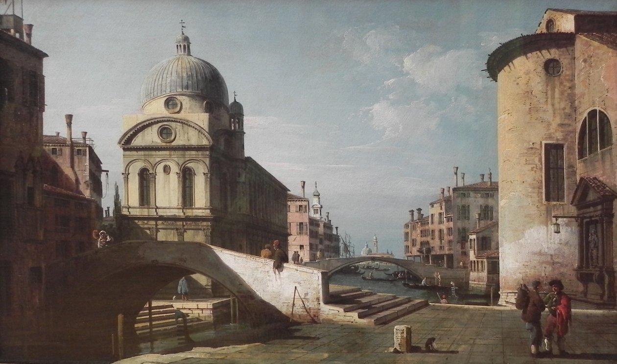 Arkitektonisk fantasi med Santa Maria dei Miracoli, Venedig af Bernardo Bellotto