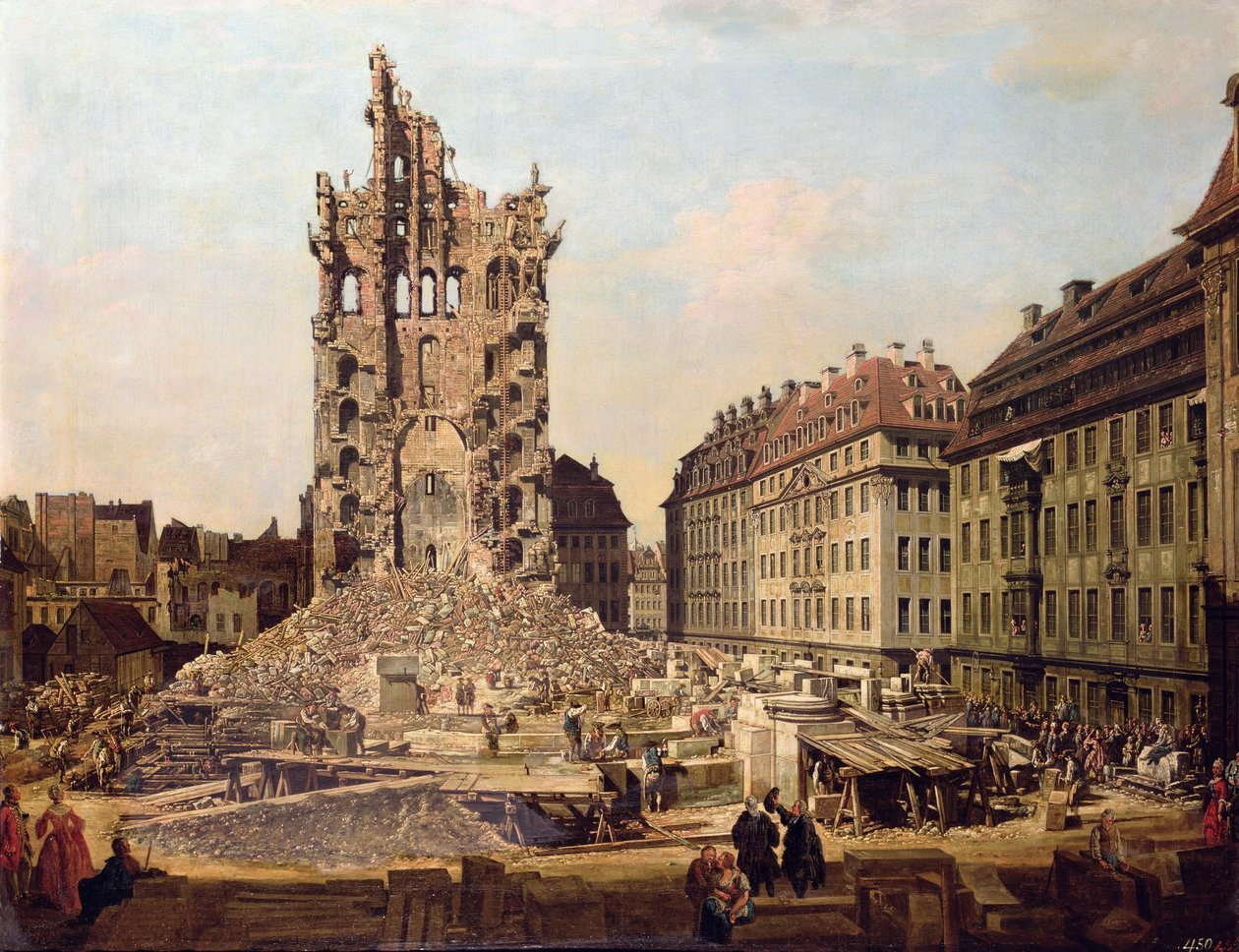 Ruinerne af den gamle Kreuzkirche, Dresden af Bernardo Bellotto