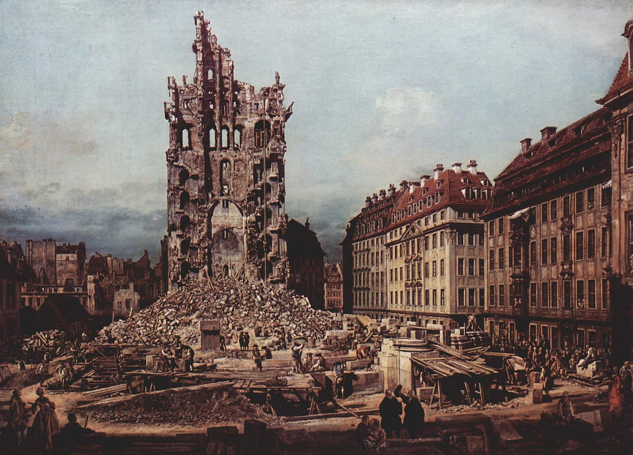 Ruinerne af den gamle Kreuzkirche, Dresden af Bernardo Bellotto
