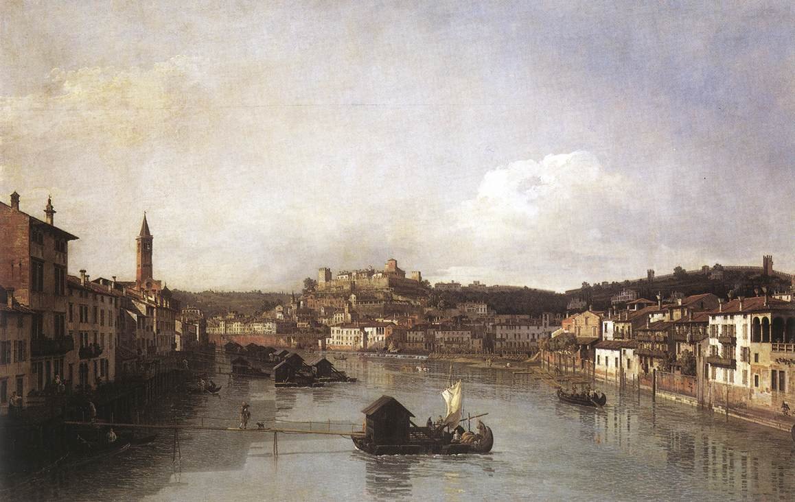 Udsigt over Verona og floden Adige fra Ponte Nuovo af Bernardo Bellotto