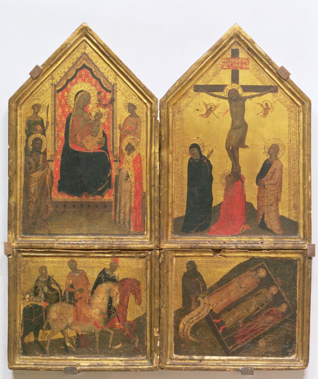 Madonna og barn med hellige, korsfæstelsen og legenden om de tre levende og de tre døde (tempera på panelet) af Bernardo Daddi