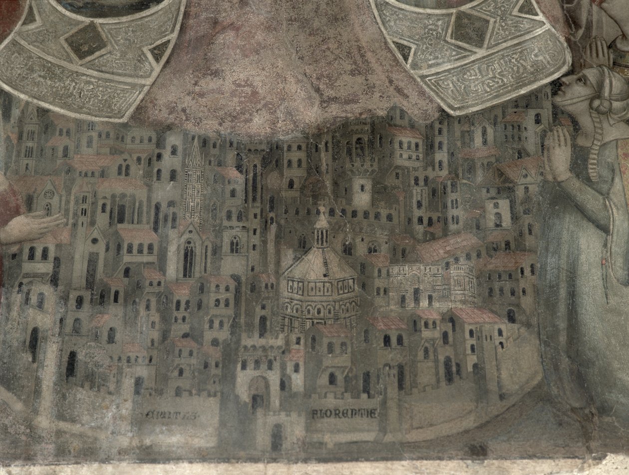 Madonna della Misericordia med udsigt over Firenze, 1342 (tempera på panel) (detaljer) af Bernardo Daddi