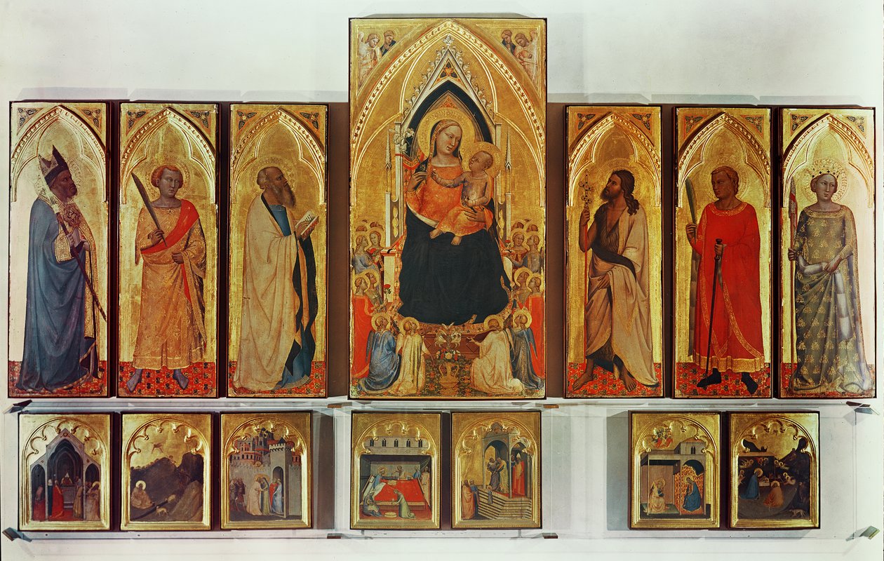 Jomfruen og barnet med hellige, nedbrudt polyptykon (tilsammen panelerne og sektionerne af predellaen: udvisning af Joachim fra templet, annonceringen af englen til Joachim, mødet en af Bernardo Daddi
