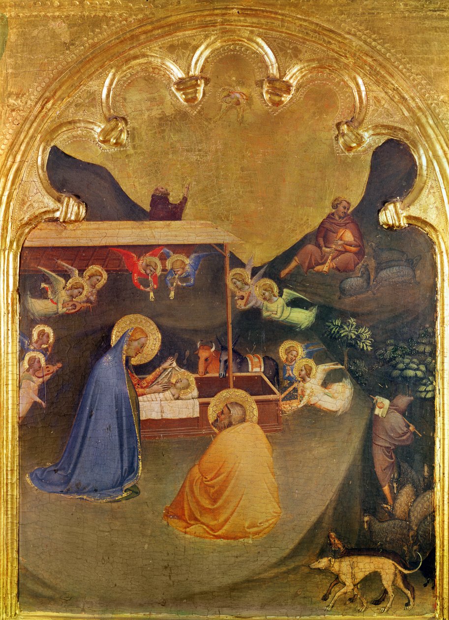 Jomfru og barn med de hellige, nedbrudt polyptychon, udsnit af Predella: Fødselskirken (tempera og guld på panel) af Bernardo Daddi