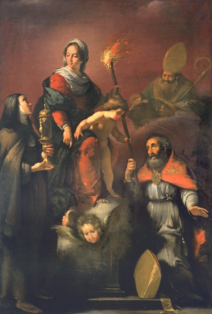 Madonna og barn med den hellige Klara, den hellige Ambrosius og den hellige Erasmus af Bernardo Strozzi