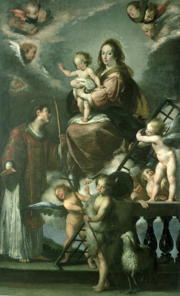 Madonna og barn med barnet Johannes Døberen og Sankt Laurentius og engle, 1629 af Bernardo Strozzi