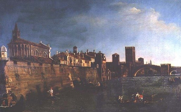 Udsigt over Verona med Castello Vecchio og Ponte Vecchio (olie på lærred) af Bernardo (manner of) Bellotto