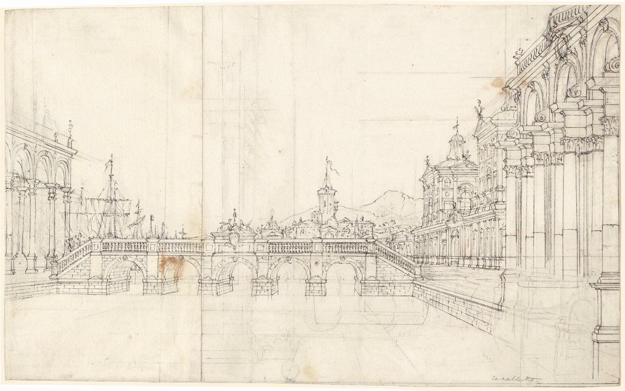 En Capriccio af paladser og en loggia mod en klassisk bro af Bernardo Bellotto