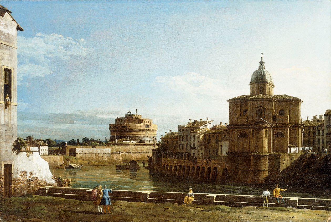 En udsigt over Rom langs Tiberen, med kirken San Giovanni dei Fiorentini bagved, af Bernardo Bellotto