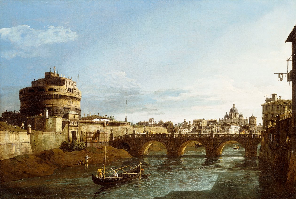 En udsigt over Rom, der ser mod vest, med både langs Tiberen og Castel Saint"Angelo i det fjerne, af Bernardo Bellotto