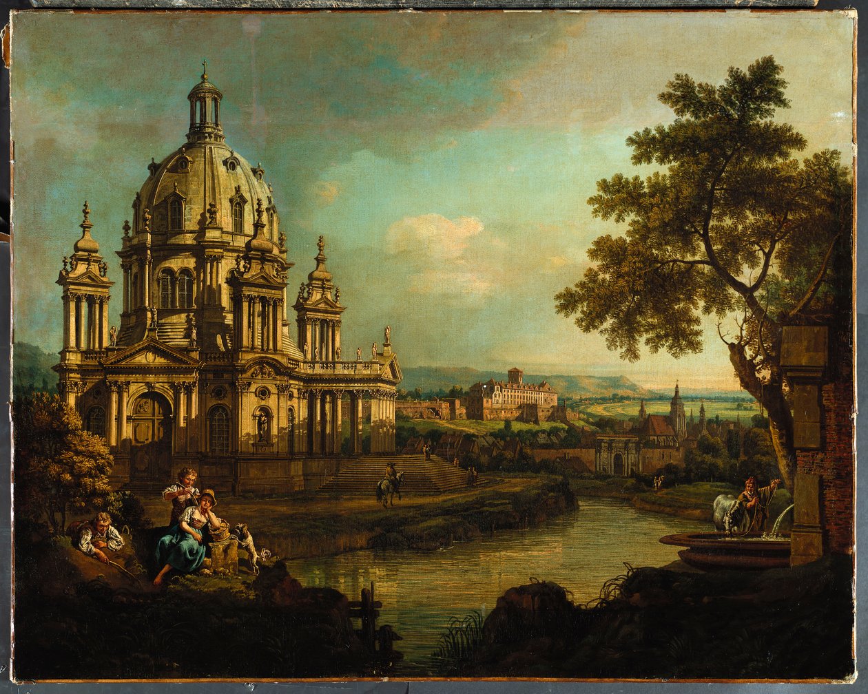 En capriccio med en kuppelkirke og bygninger i Pirna, ca. 1765 af Bernardo Bellotto