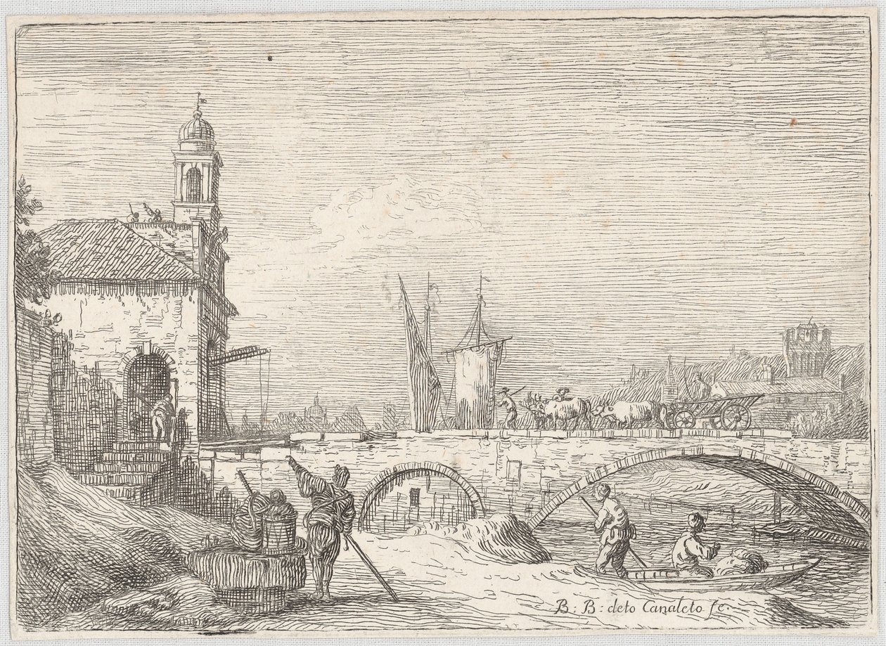 Capriccio med en bro og en portbygning i stil med Porta Portello i Padua af Bernardo Bellotto