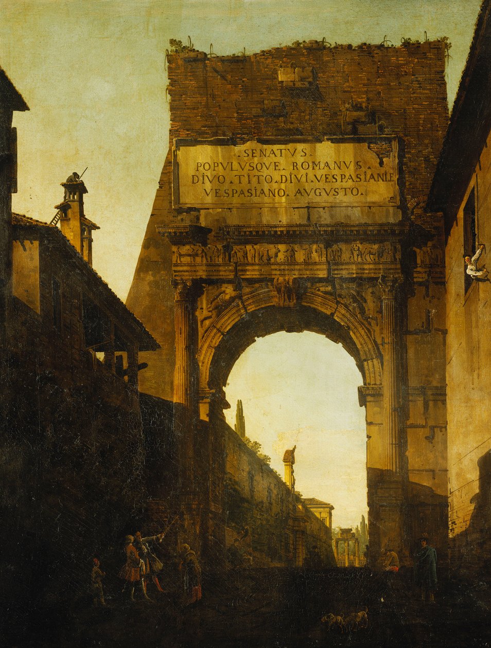 Titusbuen, Rom, med muren og porten til Farnese-haverne og templet for Castor og Pollux hinsides, to turister i forgrunden, af Bernardo Bellotto