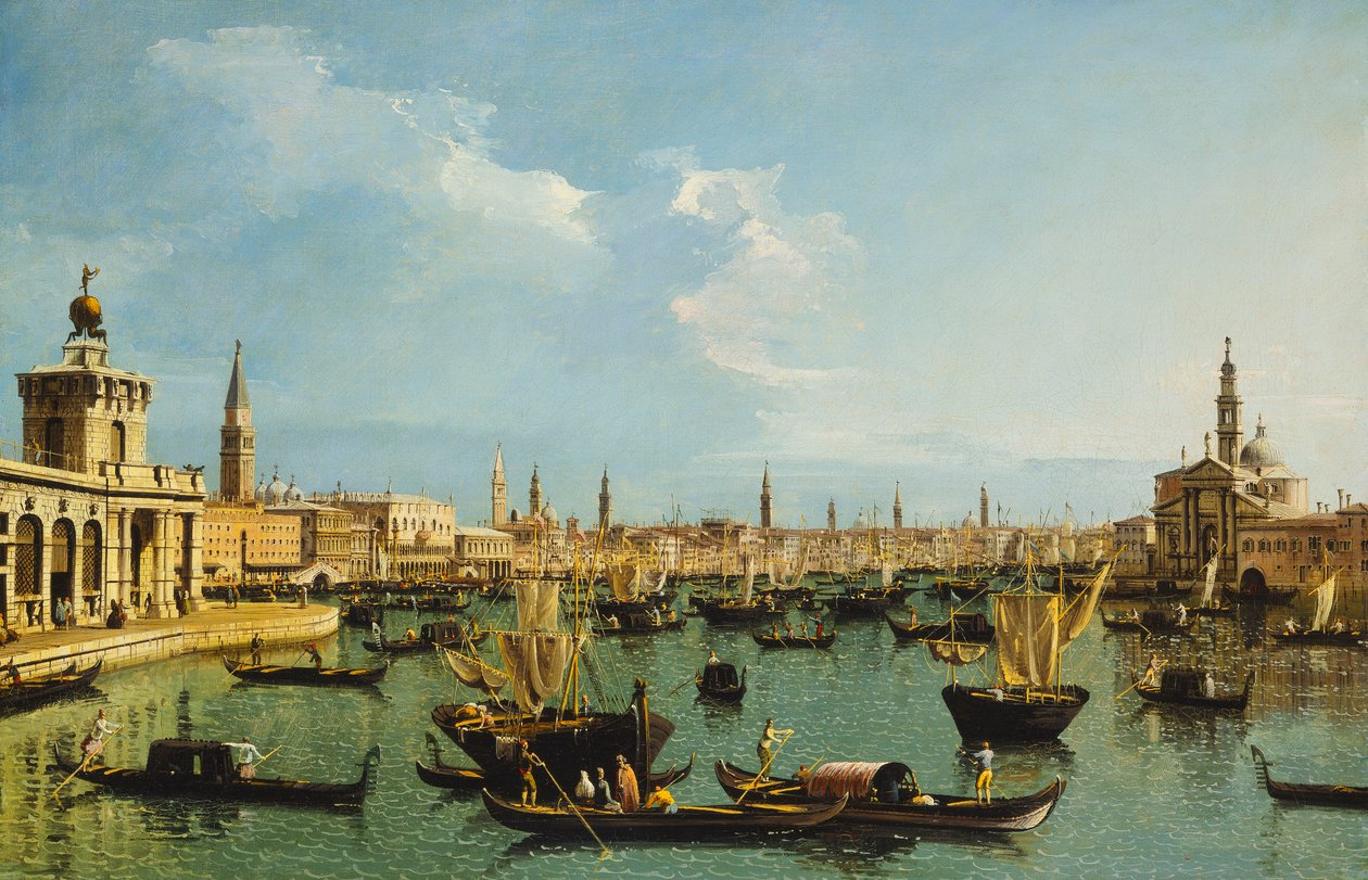 Bacino di San Marco, Venedig, fra Giudecca-kanalen med Dogana, Molo, Riva degli Schiavoni, San Giorgio Maggiore-kirken og talrige både, af Bernardo Bellotto