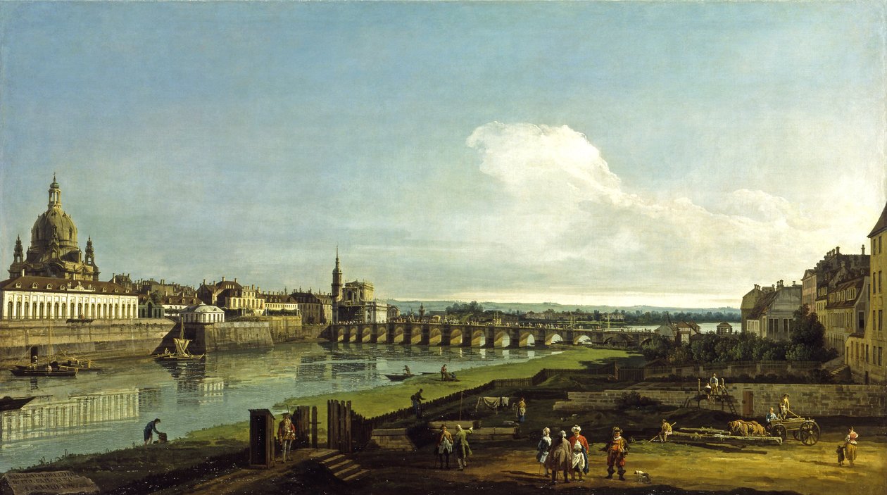 Udsigt over Dresden med Frauenkirche til venstre af Bernardo Bellotto