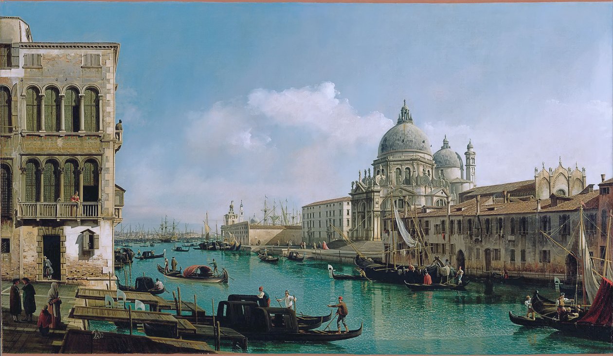 Udsigt over Canal Grande: Santa Maria della Salute og Dogana fra Campo Santa Maria Zobenigo af Bernardo Bellotto