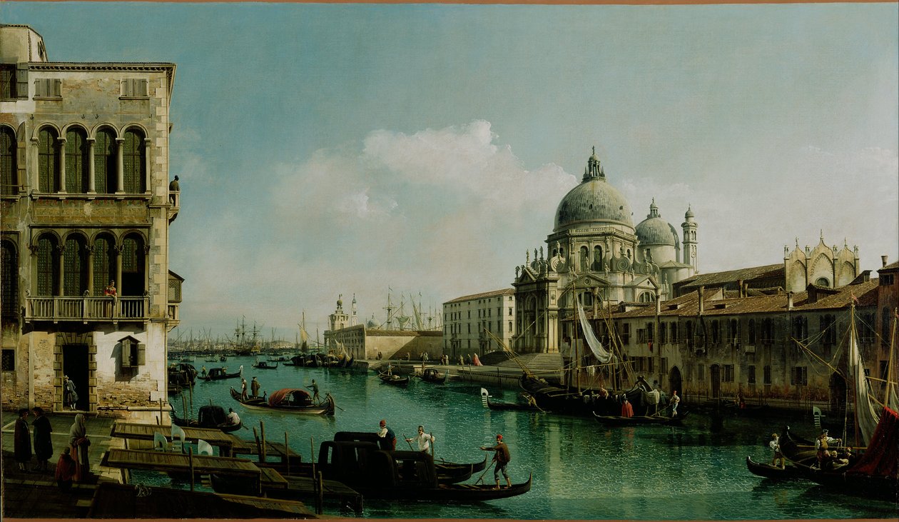 Udsigt over Canal Grande: Santa Maria della Salute og Dogana fra Campo Santa Maria Zobenigo af Bernardo Bellotto