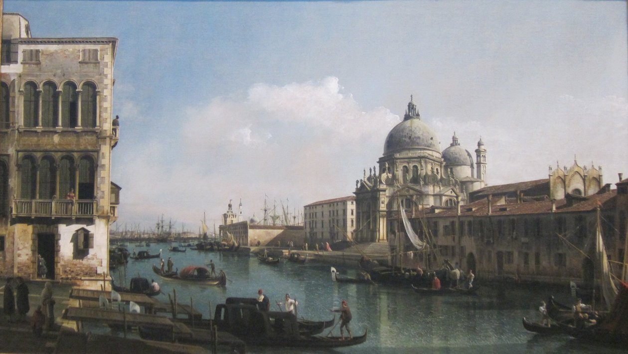 Udsigt over Canal Grande: Santa Maria della Salute og Dogana fra Campo Santa Maria Zobenigo af Bernardo Bellotto