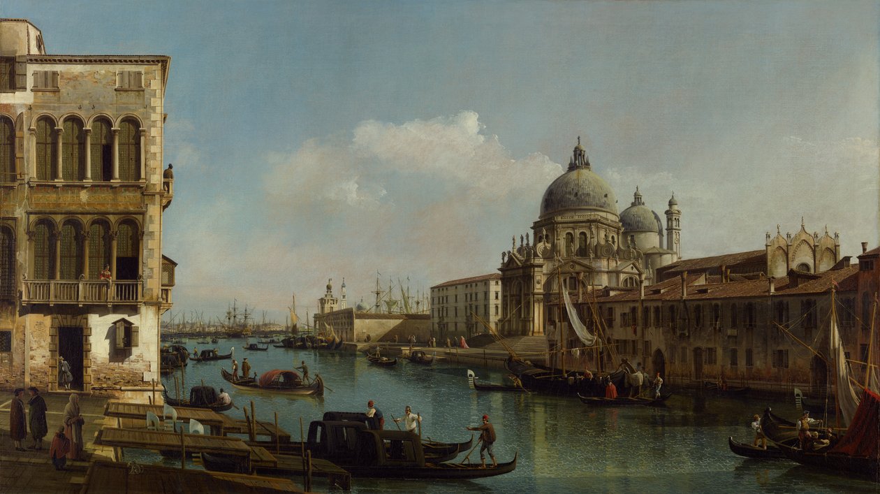 Udsigt over Canal Grande: Santa Maria della Salute og Dogana fra Campo Santa Maria Zobenigo af Bernardo Bellotto