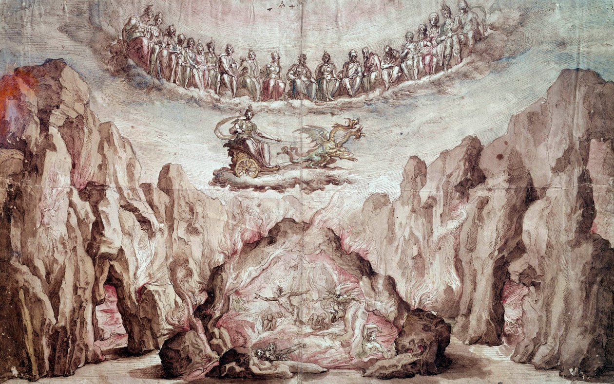 Projekt til indretning og maskineri af et mellemprodukt, Le Tromphe de Circe. Tegning af Bernardo Buontalenti dit delle Girandole (ca. 1523-1608) Søn. 0,46x0,72 m. Paris, Louvre-museet af Bernardo Buontalenti