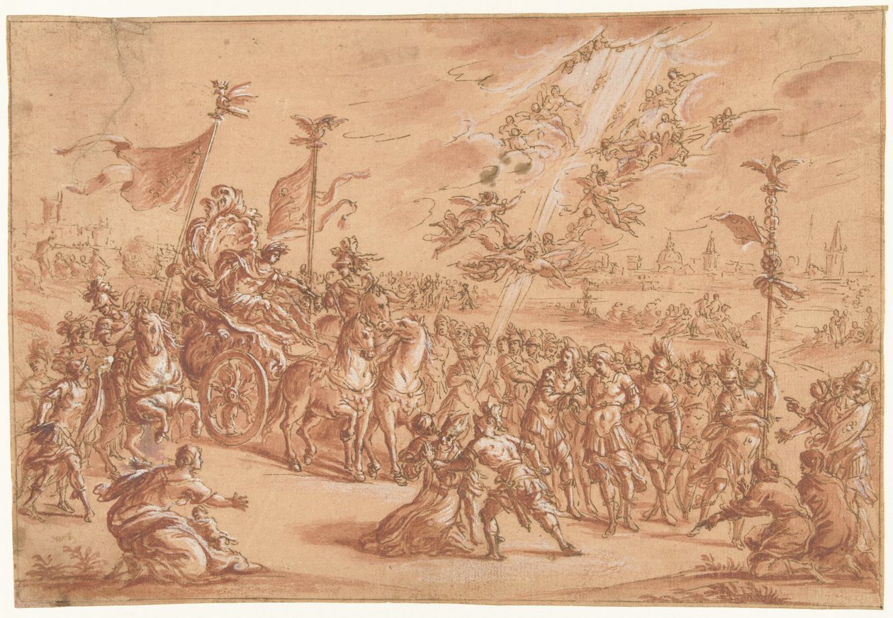 En hellig biskop knæler ved siden af ​​en romersk imperators procession af Bernardo Castello (attributed to)