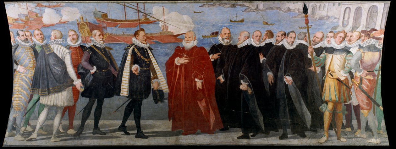 Dogen Giacomo Durazzo Grimaldi modtager Juan af Østrig i havnen i Genes (Fresco af Bernardo Castello